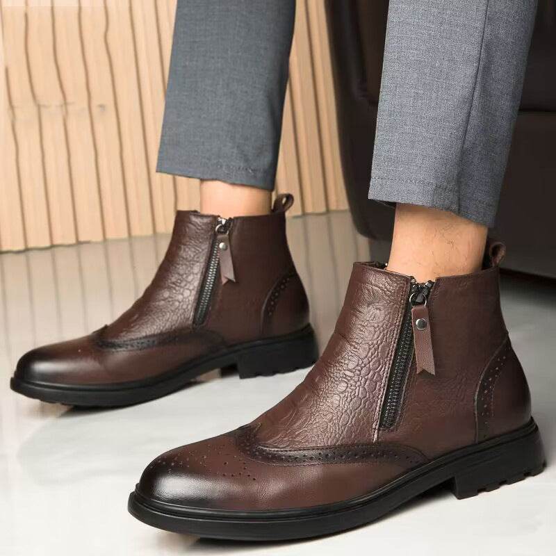 High-top Leather Shoes Height Increasing Shoes 46 Brogue Trendy Ankle Boots - Velora