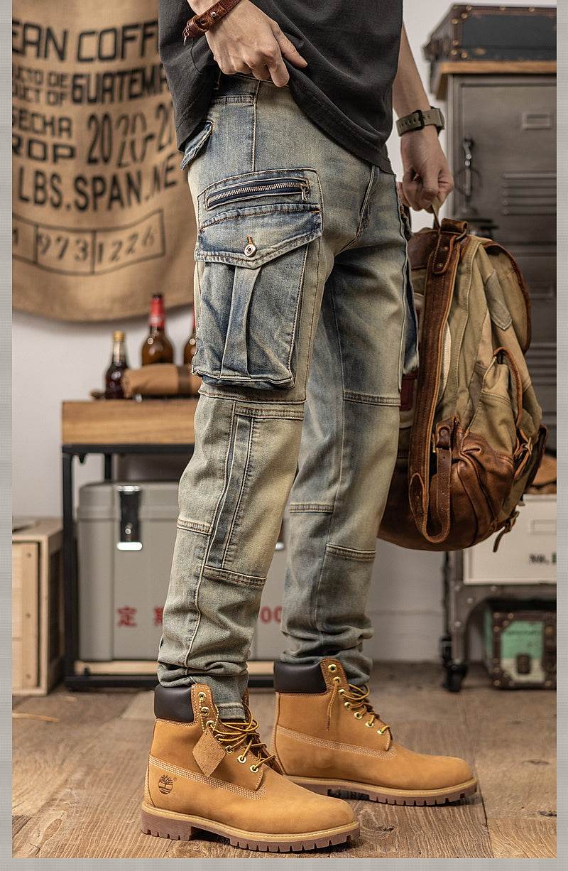 Sprin Autumn Retro Slim Fit Straight Leg Casual Distressed Denim Jeans Cargo Pant Men - Velora