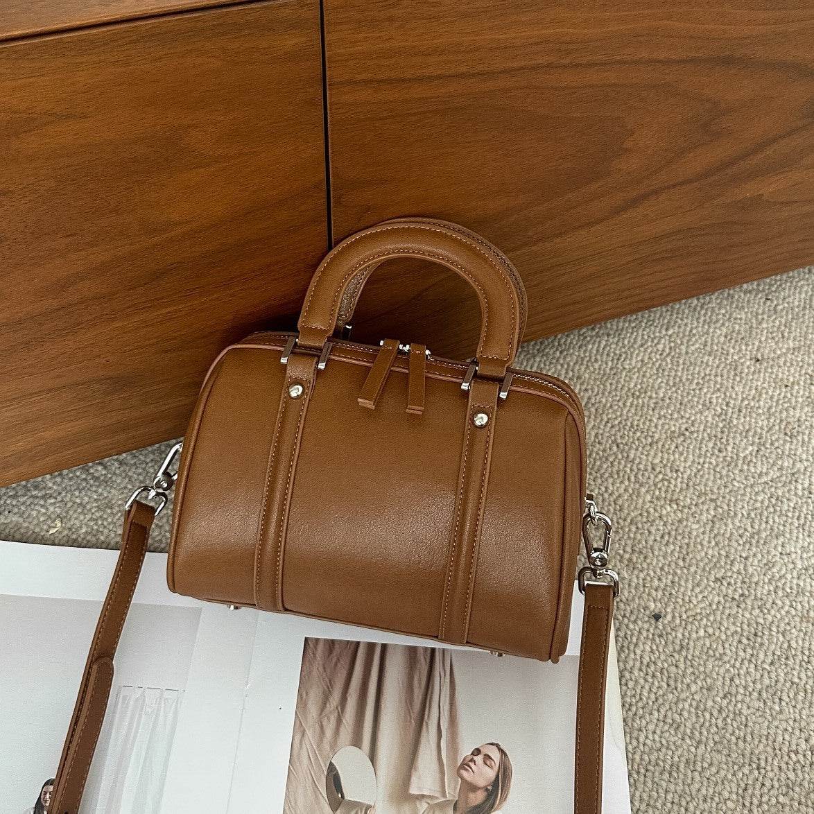 Versatile Cylindrical Genuine Leather Portable Crossbody Bag - Velora