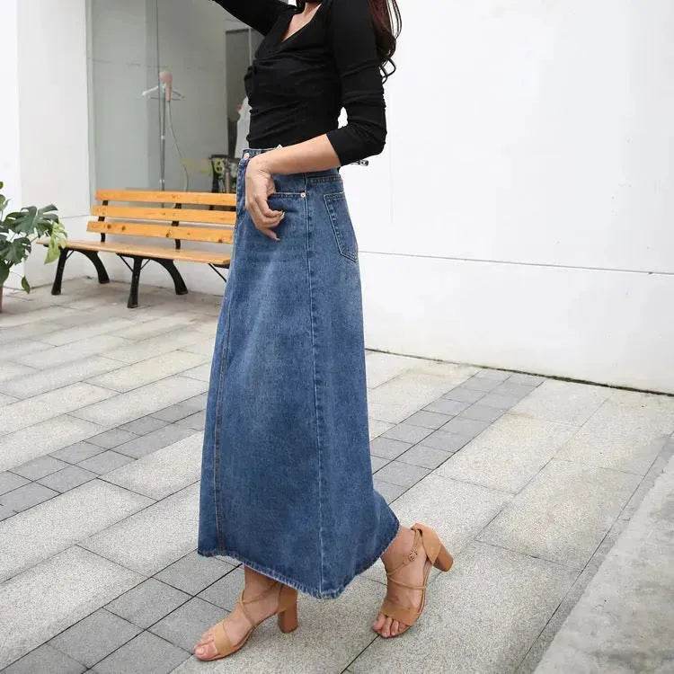 Women's Plus Size Mid-length A- Line Denim Skirt Denim long skirt maxi jean skirt - Velora