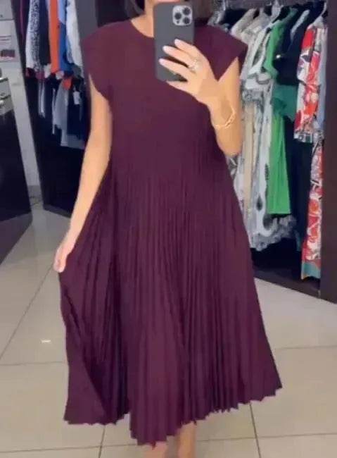 Women Summer Pleated Maxi Dress Casual Short Sleeve Crewneck Flowy Swing Long Dress with Pockets - Velora