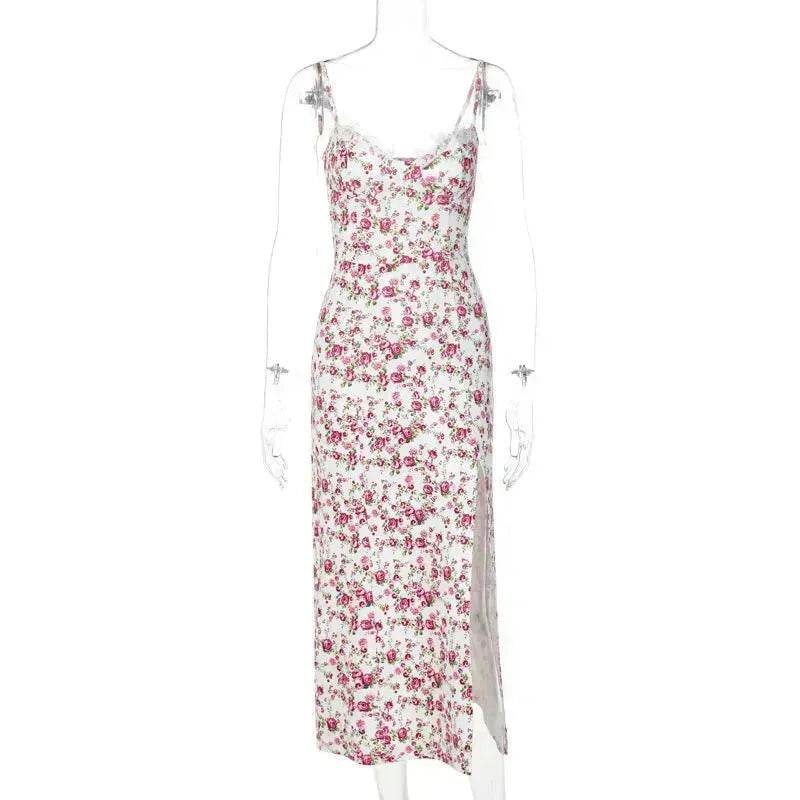 Women's Floral Spaghetti Strap Cami Dress Lace Trim Side Slit Bodycon Midi summer Dress - Velora