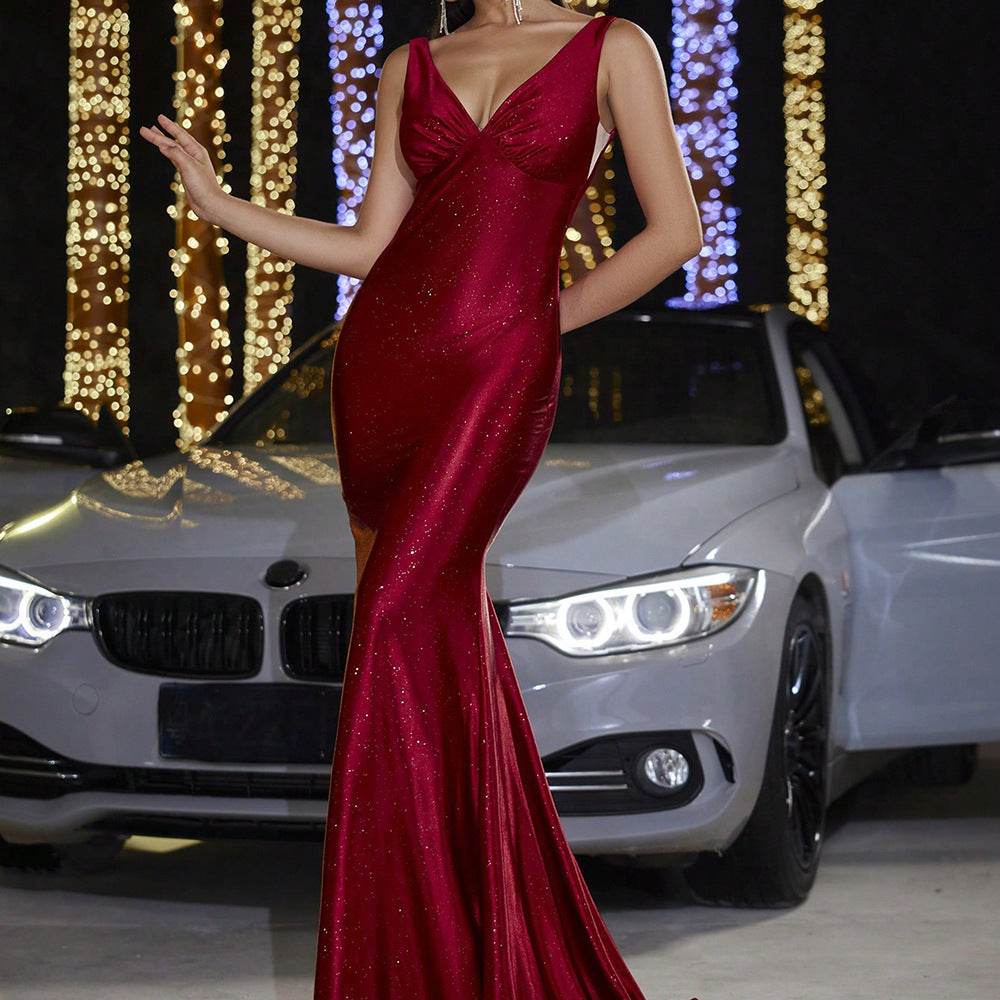 Deep V Strap Slim-fit Sheath Banquet Fishtail Evening Dress - Velora
