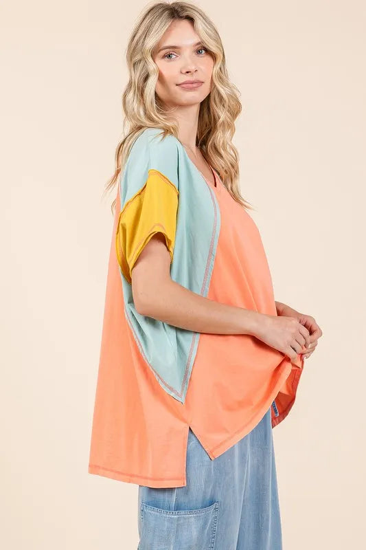 Mittoshop Color Block V-Neck Short Sleeve T-Shirt - Velora