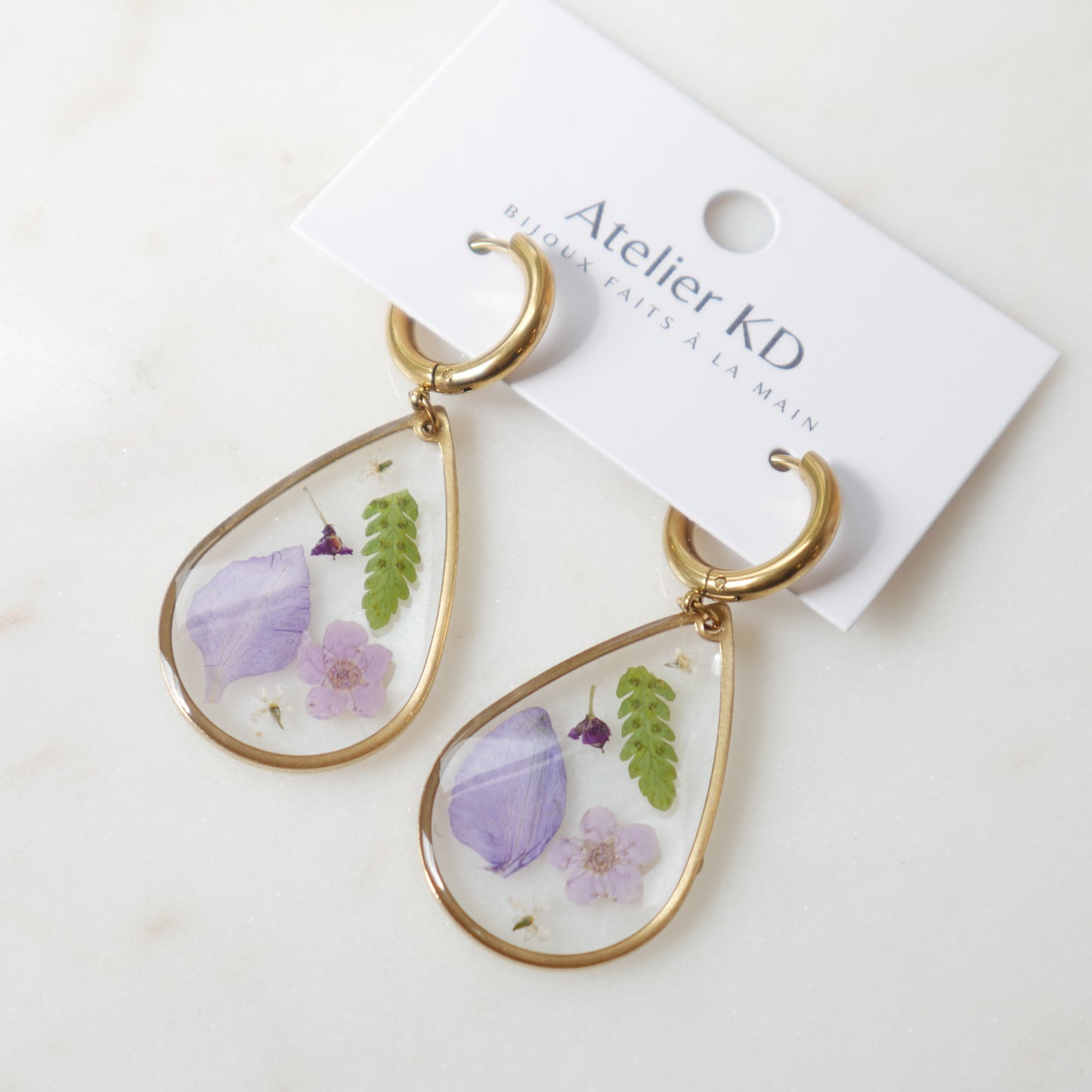 Boucles d'oreilles - les Violettes et la fougères - goute (XL 32mm) - Velora