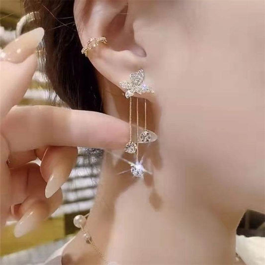Fashion Jewelry Shiny Butterfly Rhinestone Drop Dangle Earrings Women Elegant Long Pearl Tassel Chain Pendant Party Jewelry - Velora