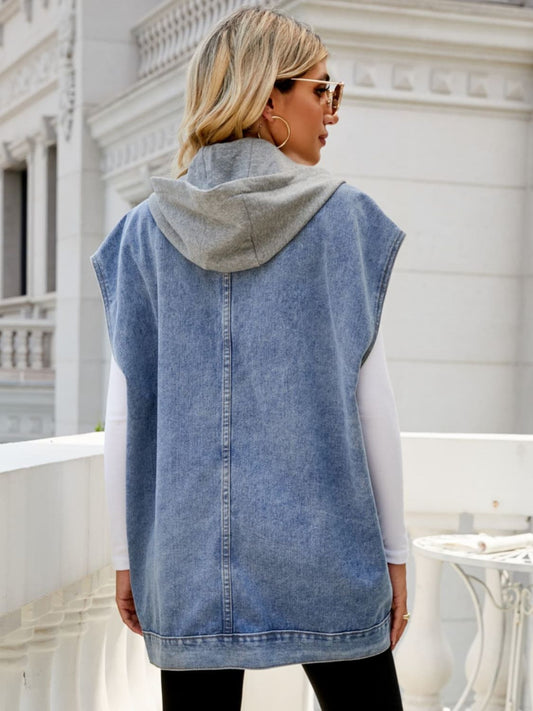 Hooded Sleeveless Denim Top with Pockets - Velora