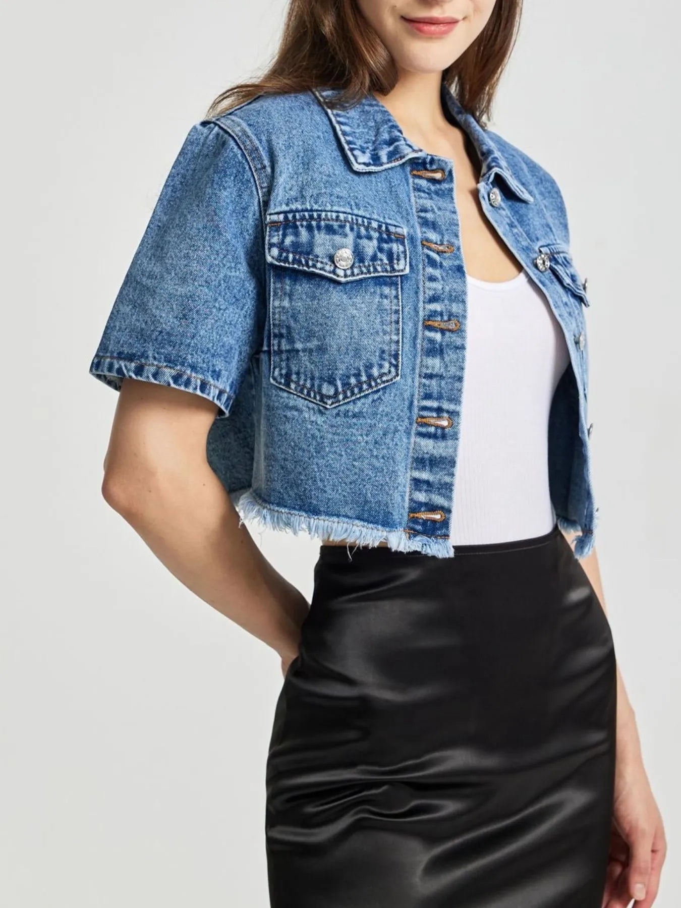 Cropped Short Sleeve Denim Jacket with Frayed Hem - Velora