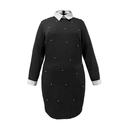 Elegant Lapel Long Sleeve Stitching Contrast Color Beaded Dress - Velora