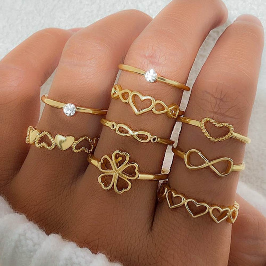 Gold Color Heart Rings 9pcs Sets For Women Vintage Hollow Irregular Geometric Butterfly Finger Rings Fashion Jewelry Accessories Gif - Velora
