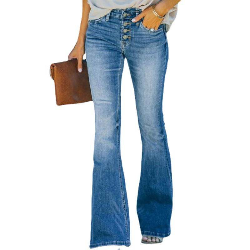 High Waist Bell Bottom Jeans Trendy Wear Washed Out Street Style Women's Denim Pants - Velora