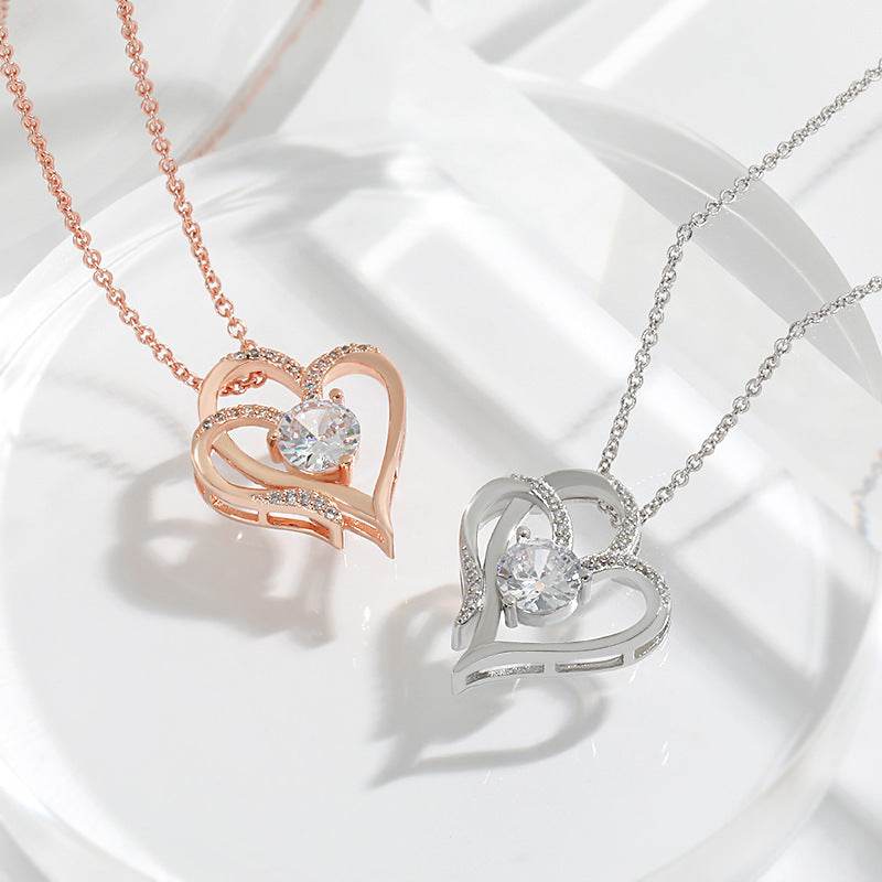 Zircon Double Love Necklace With Rhinestones Ins Personalized Heart-shaped Necklace Clavicle Chain Jewelry For Women Valentine's Day - Velora