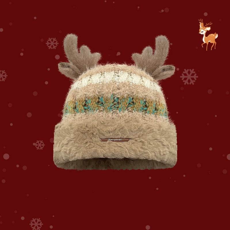 Christmas Knitted Hat With Cute Deer Antler Winter Warm Thick Hat For Girls Women - Velora