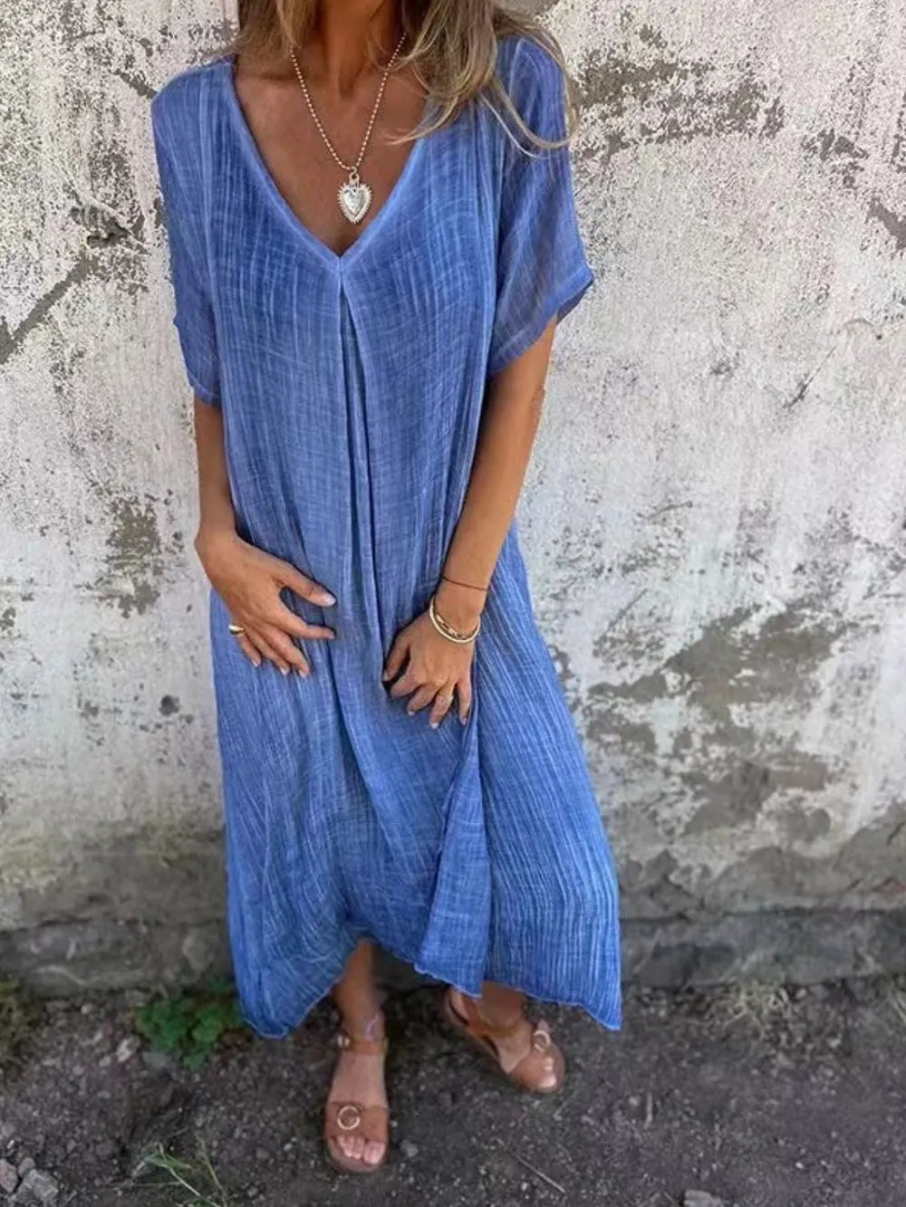 Full Size V-Neck Short Sleeve Midi Dress Plus Size - Velora