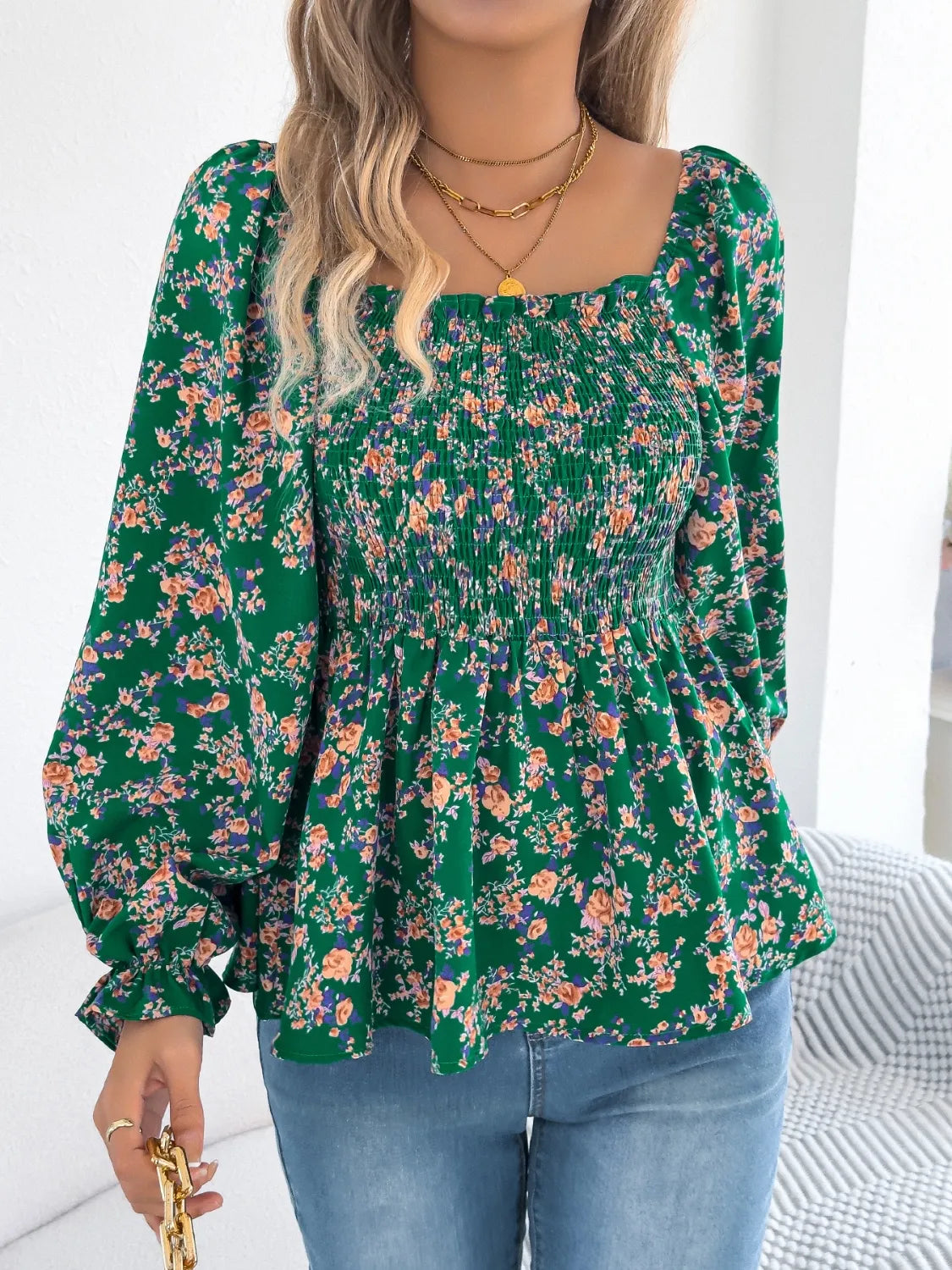 Floral Square Neck Flounce Sleeve Blouse - Velora