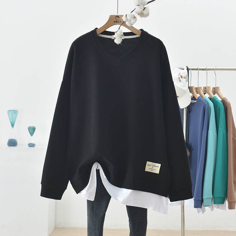 Waffle Stitching False Two-piece Sweaters Women's Autumn Loose Oversized Long Sleeves V-neck - Velora