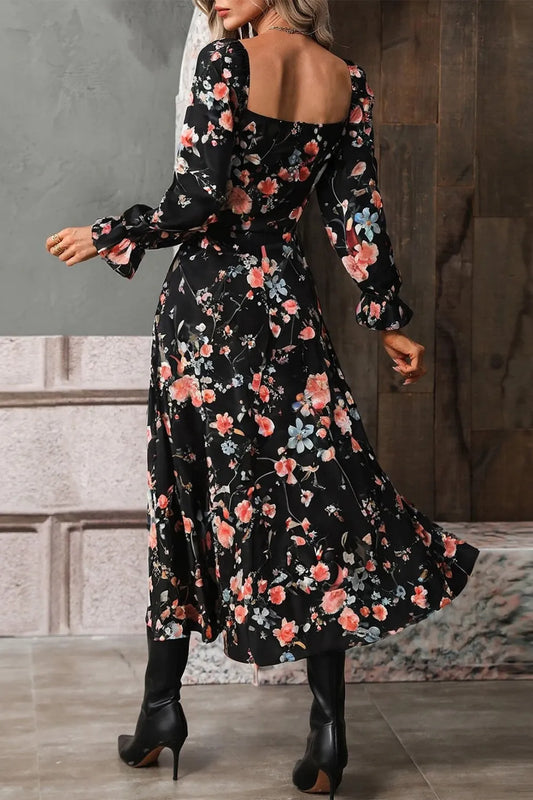 Floral Print Flounce Sleeve Midi Dress - Velora