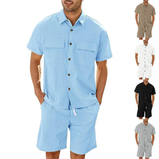 Summer Suits Men Short Sleeve Lapel Pockets Shirt And Drawstring Shorts Sports Fashion Leisure Men's Clothing - Velora