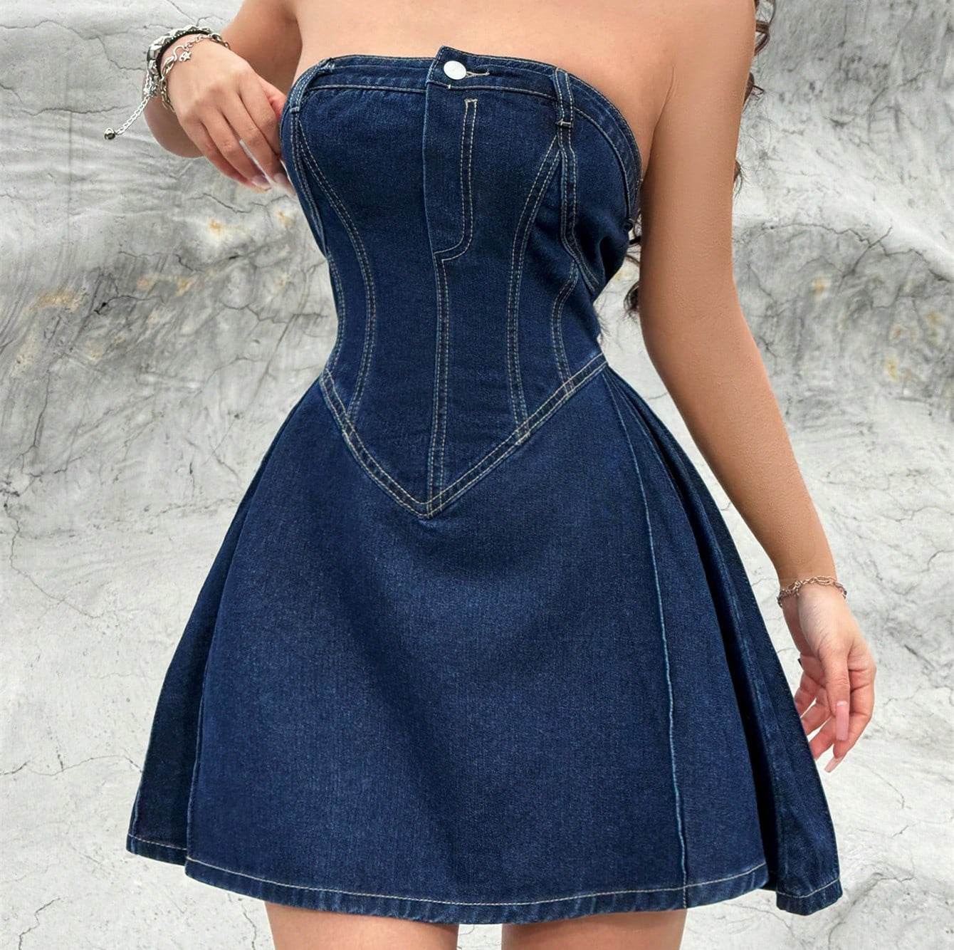 Women's Summer Off-shoulder Low Collar Sexy Fishbone Waist Tight Denim Dress Strapless Sexy Dress Trend Skinny Hipster Party Clubwear Y2K Bodycon - Velora