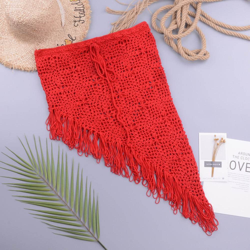 European And American Women's See Through Hollow Knitted tassel fringe Slant Beach Skirt - Velora