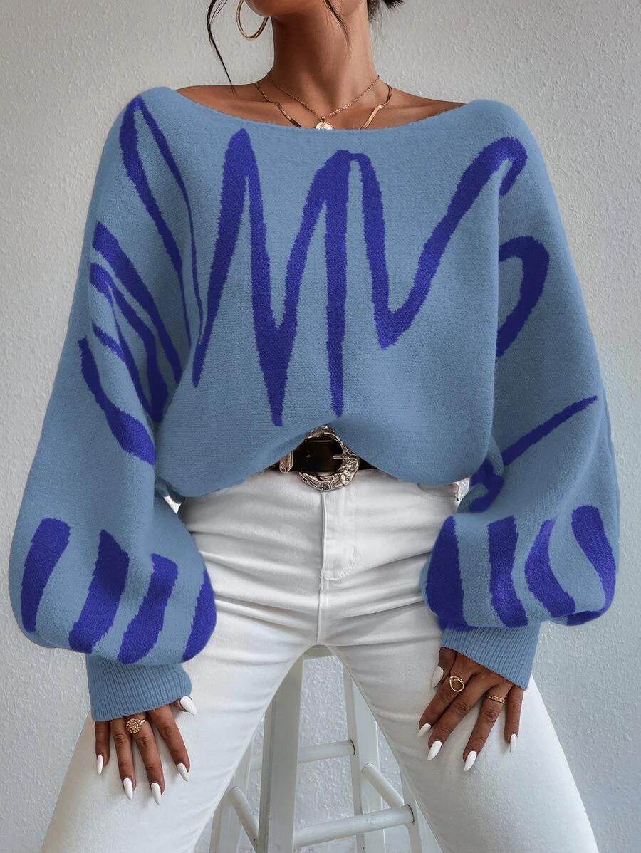 New Lantern-sleeved Pullover Sweater Fashion Line Printed Loose Tops Women's Clothing - Velora