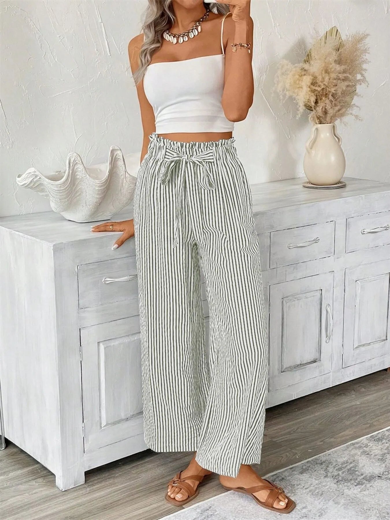 Full Size Striped Wide Leg Paper Bag Pants Plus Size - Velora