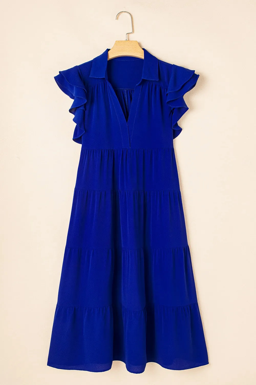 Ruffled Short Sleeve Collared V Neck Tiered Midi Dress - Velora