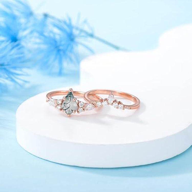 2pcs Fashion Rings Natural Green Moss Stone Agate Ring For Women Personalized Jewelry - Velora