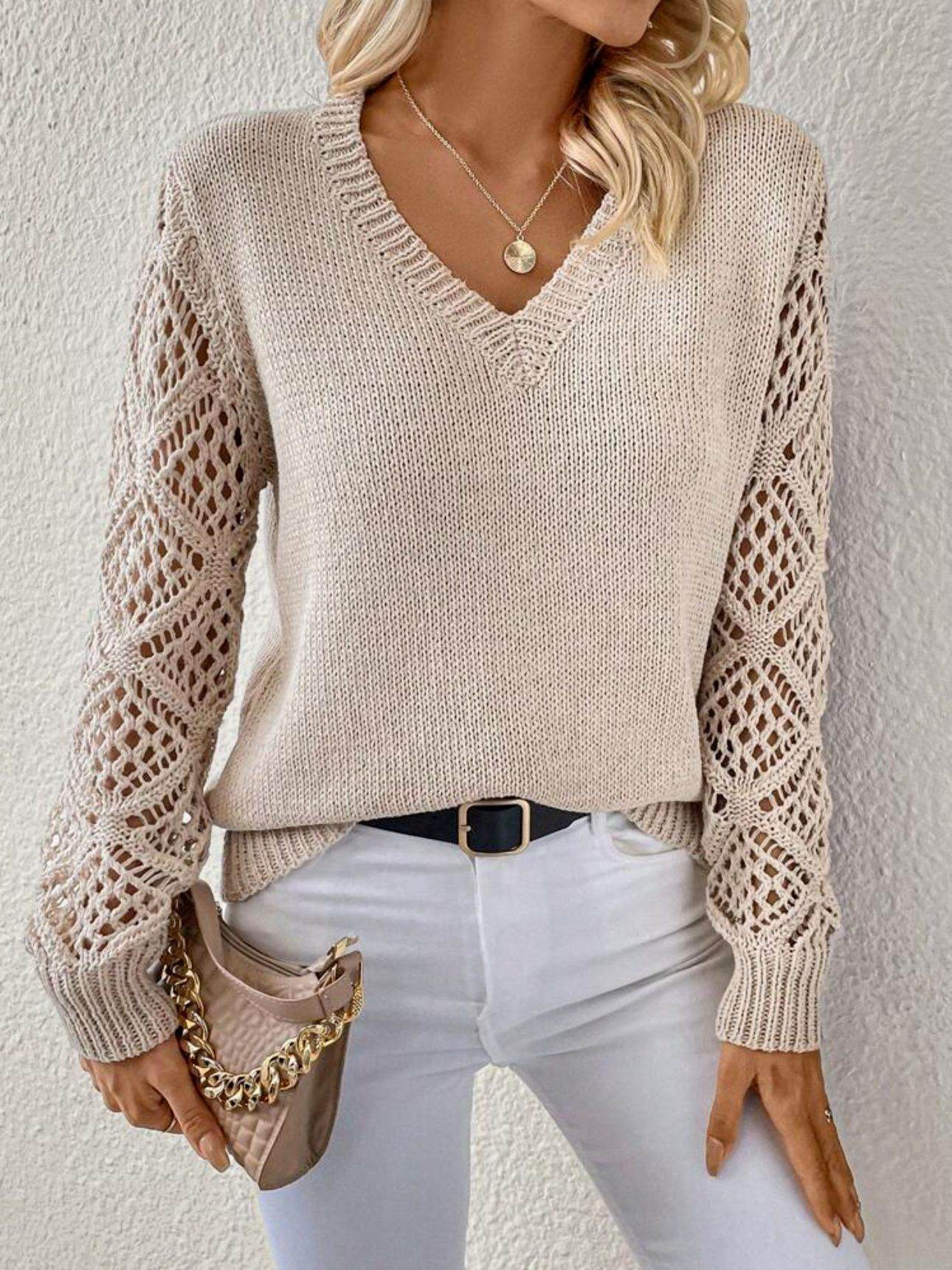 Solid V-neck Pullover Sweater With Hollow Long Sleeve Fashion Tops For Women Clothing - Velora