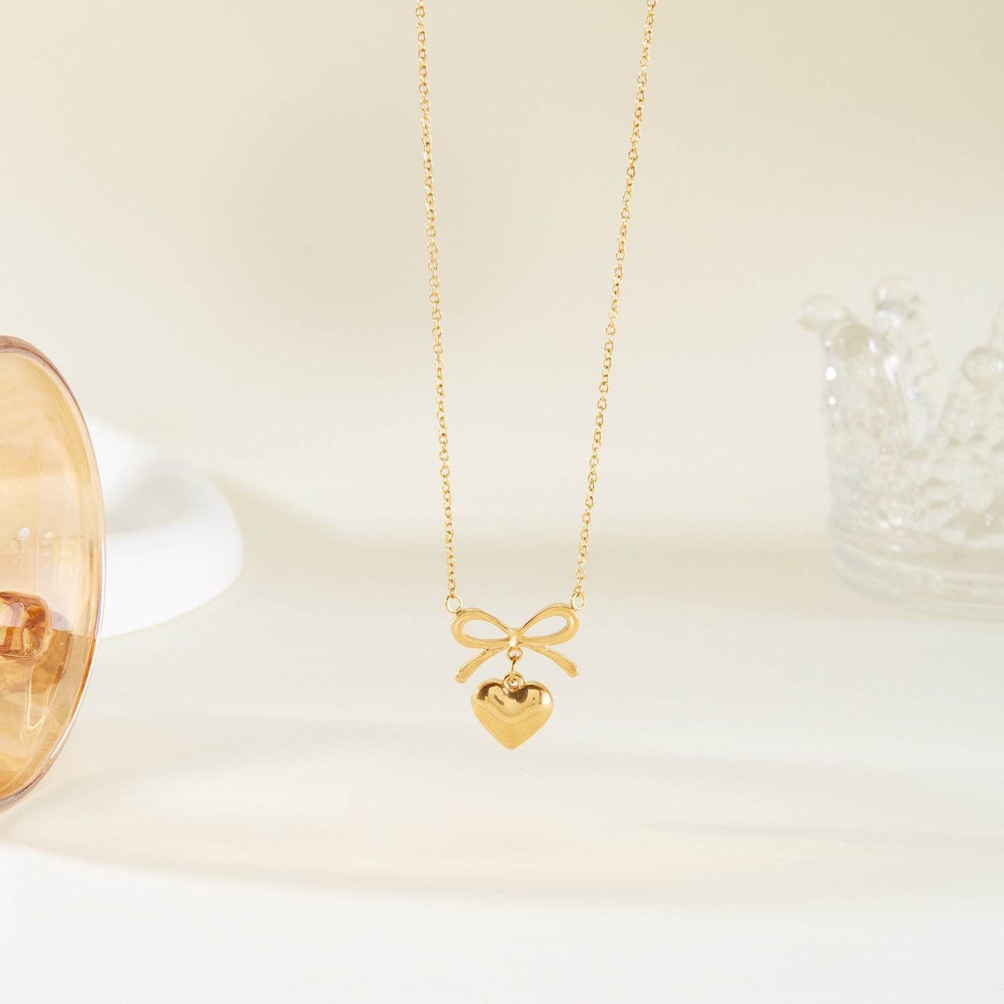 Stainless Steel New Fashion Fine Waterproof Jewelry Love Heart Bowknot Shape Charm Chain Choker Necklaces Pendant For Women Fashion Jewelry - Velora