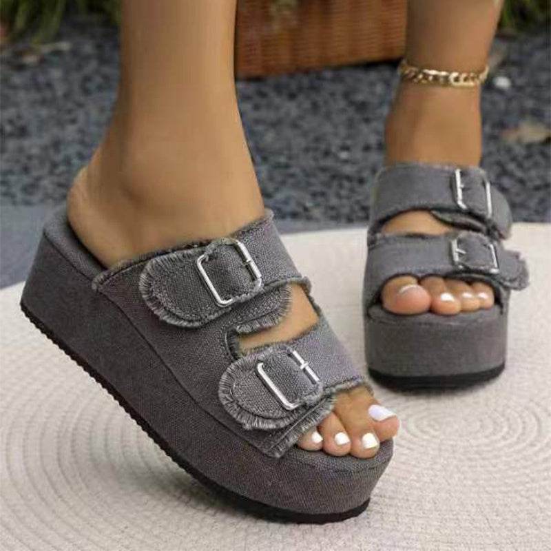 Fashion Denim Buckle Wedges Sandals Summer Outdoor High Heel Slippers Thick Bottom Camouflage Shoes For Women - Velora