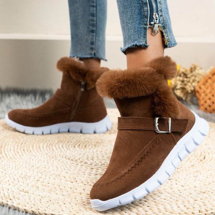 New Snow Boots Winter Warm Thickened Solid Color Plush Ankle Boots With Buckle Design Plus Velvet Flat Shoes For Women - Velora