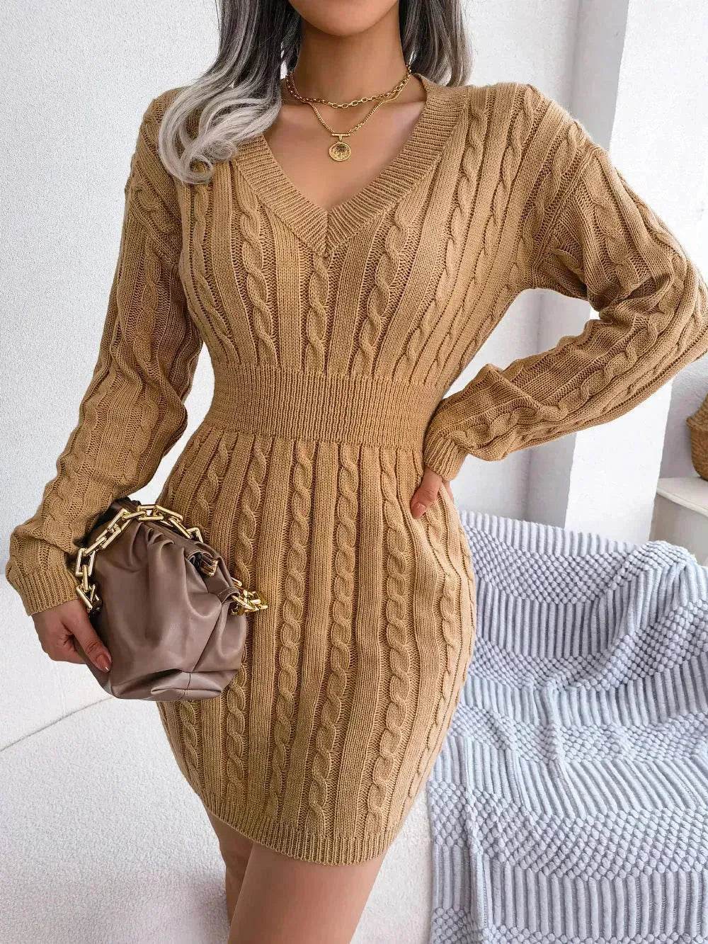 Solid Color V-Neck Long Sleeve Slim fit Winter Knit Mini sweater Dress Slim - Velora