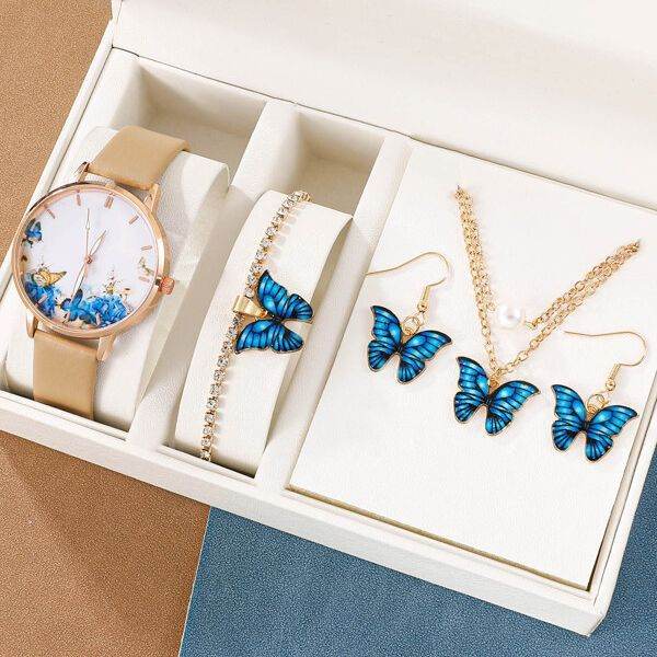 J5pcsset All-match Fashion Butterfly Women's Belt Watch Suit - Velora