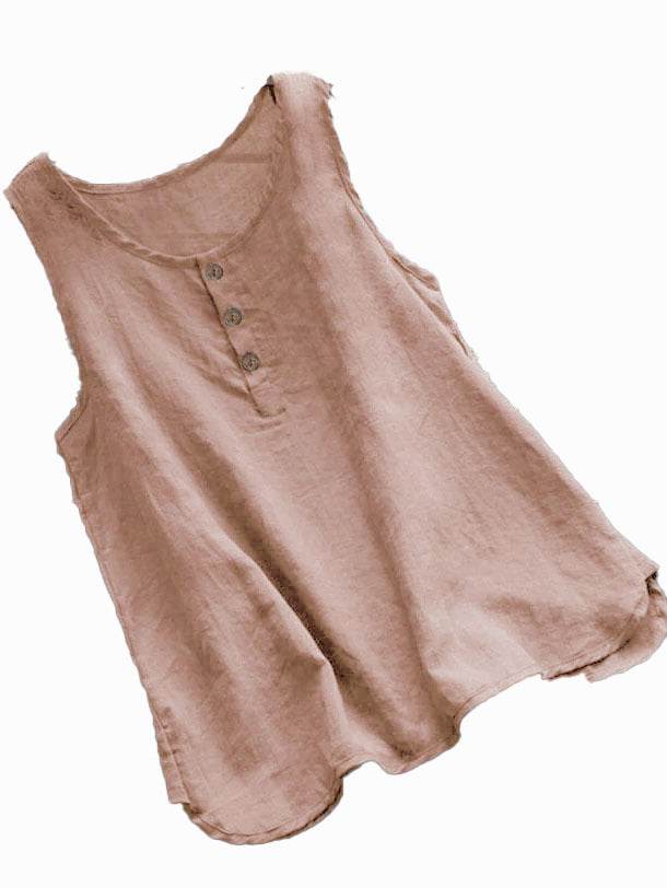 Solid Color Round Neck Loose Casual Vest Cotton Linen summer blouse top for Women - Velora