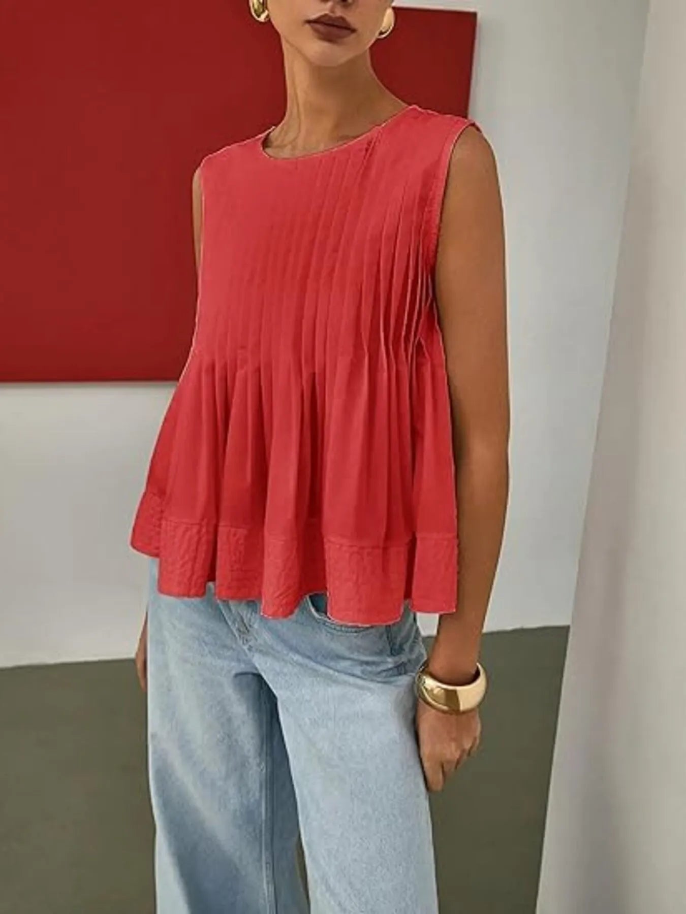 Pleated Peplum Round Neck Sleeveless Top - Velora