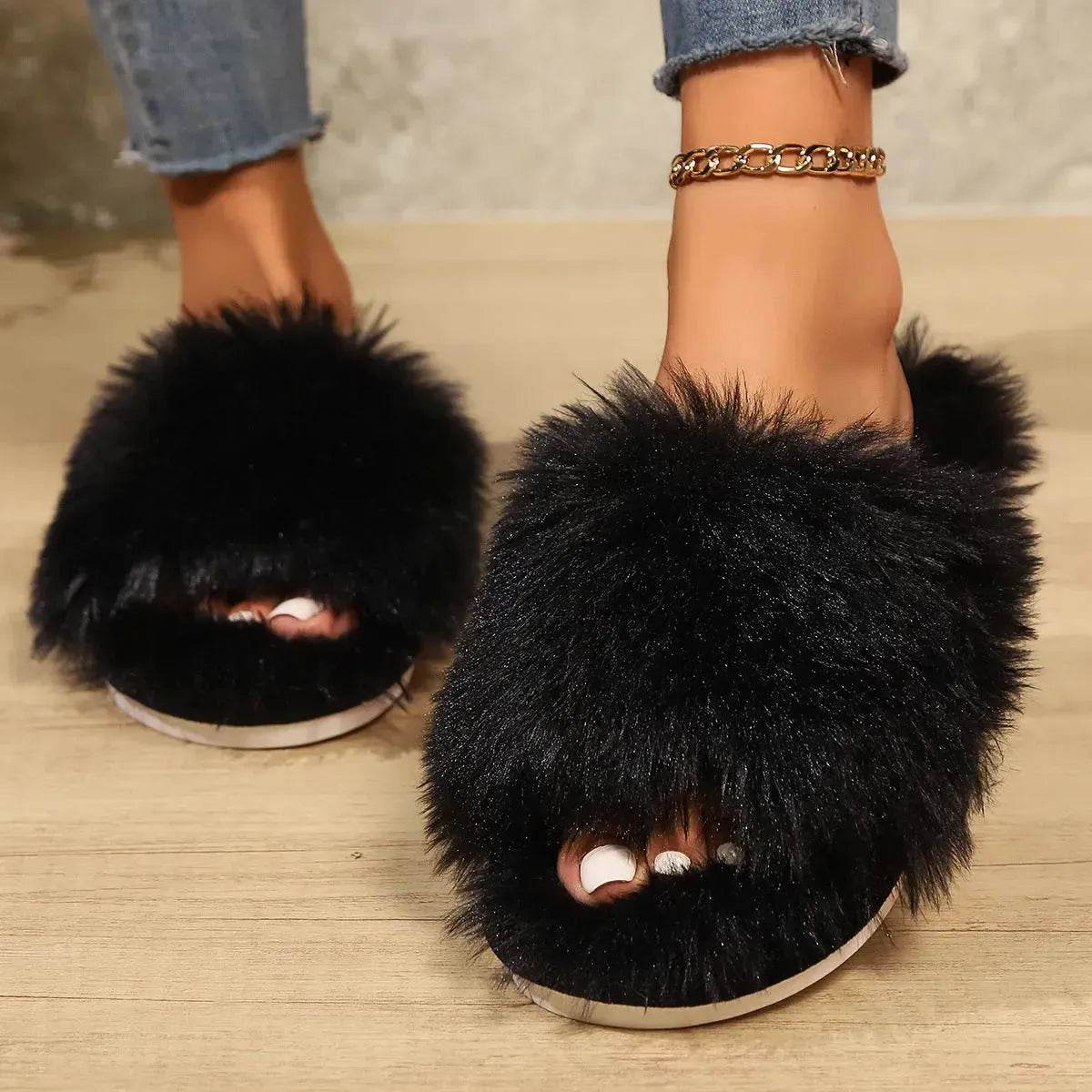 Fashion Open-toed Plush Slippers Winter Warm Indoor Bedroom Floor Soft Fluffy Slipper For Couple Solid Color House Shoes Women - Velora