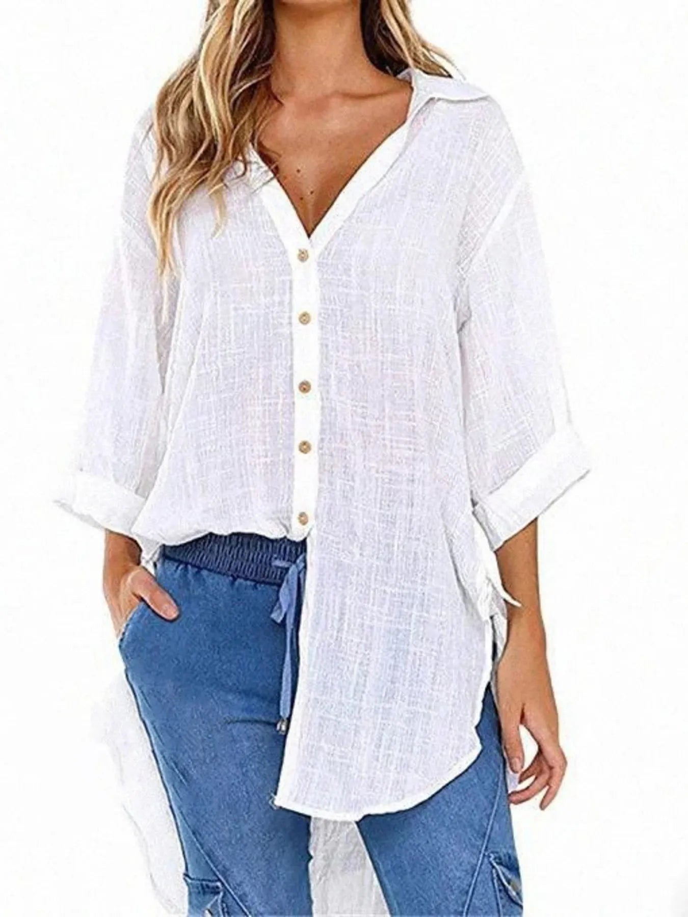 Linen Blend Button-Down Tunic Shirt - Velora