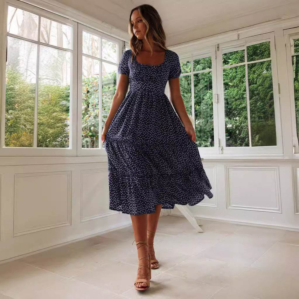 Square Collar Short Sleeve Dress Summer Puff Floral Printed Dress Long Dresses - Velora