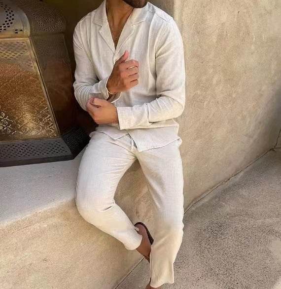 Casual Long-sleeved Suits Fashion Lapel Single-breasted Shirt Top And Slim-fit Trousers Men Clothing - Velora