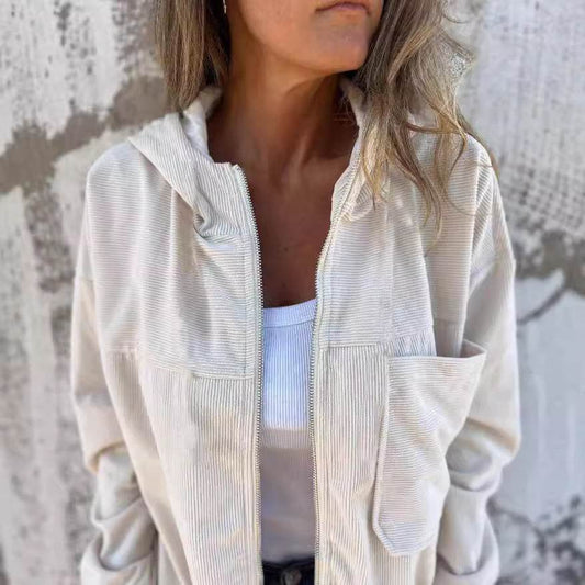 Women's Solid Color Simple Corduroy Hooded Jacket - Velora