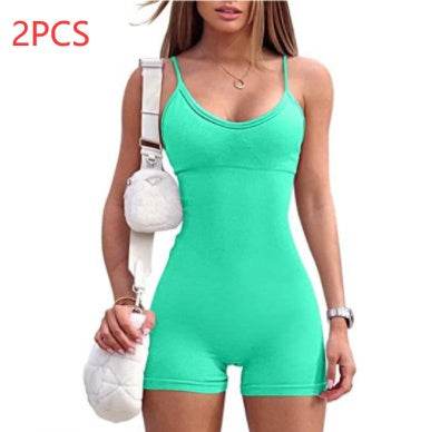 Spaghetti Strap Shorts Jumpsuit Sports Yoga Workout Tight Romper Women Fashion Fitness Sportwear - Velora