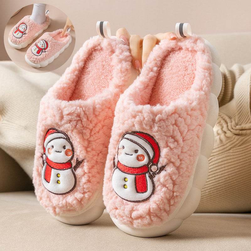 Cute Snowman Slippers Winter Indoor Household Warm Plush Thick-Soled Anti-slip Couple Home Slipper Soft Floor Bedroom House Shoes - Velora