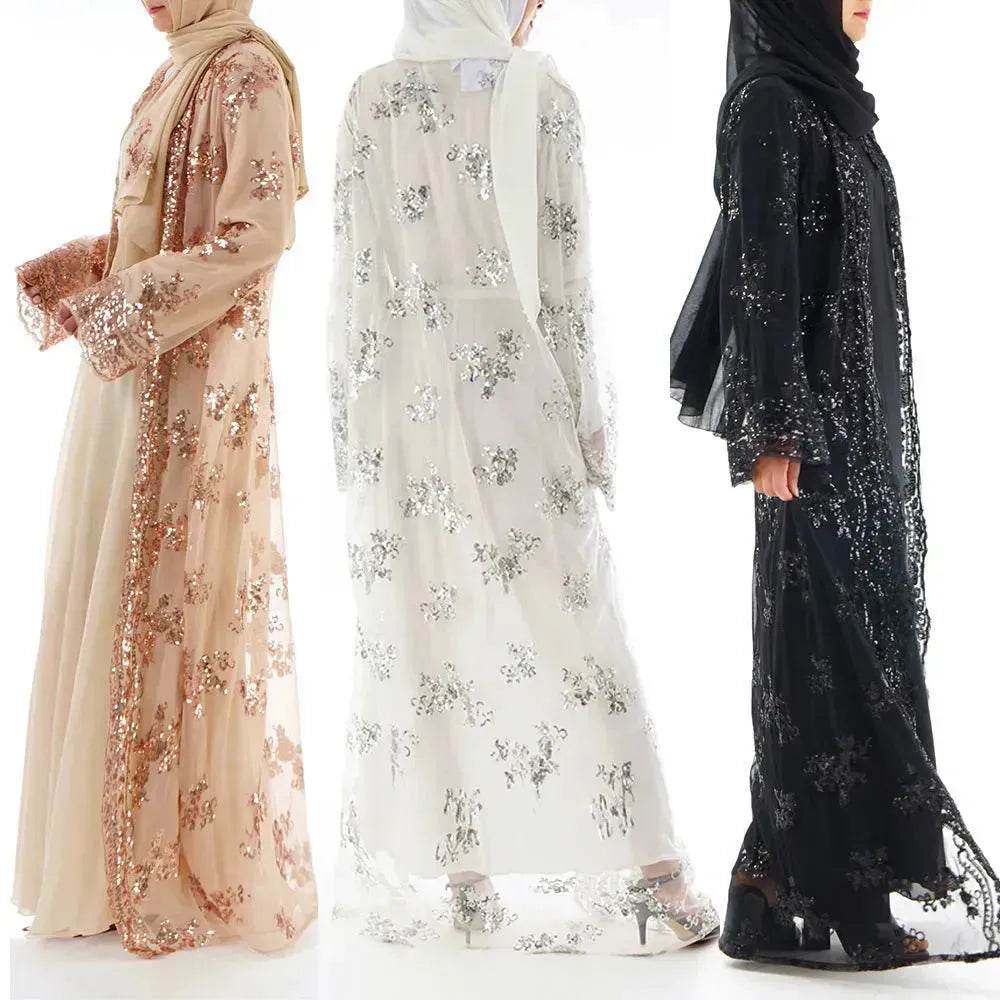 White Chiffon Sequin Embroidery Dubai Abaya Kimono Middle East ArabClothing - Velora