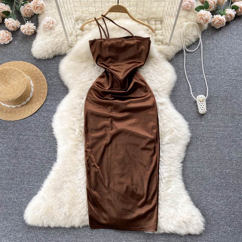 Elegant Women Sleeveless One shoulder Drawstring Satin Dress for Party, Wedding, Cocktail
