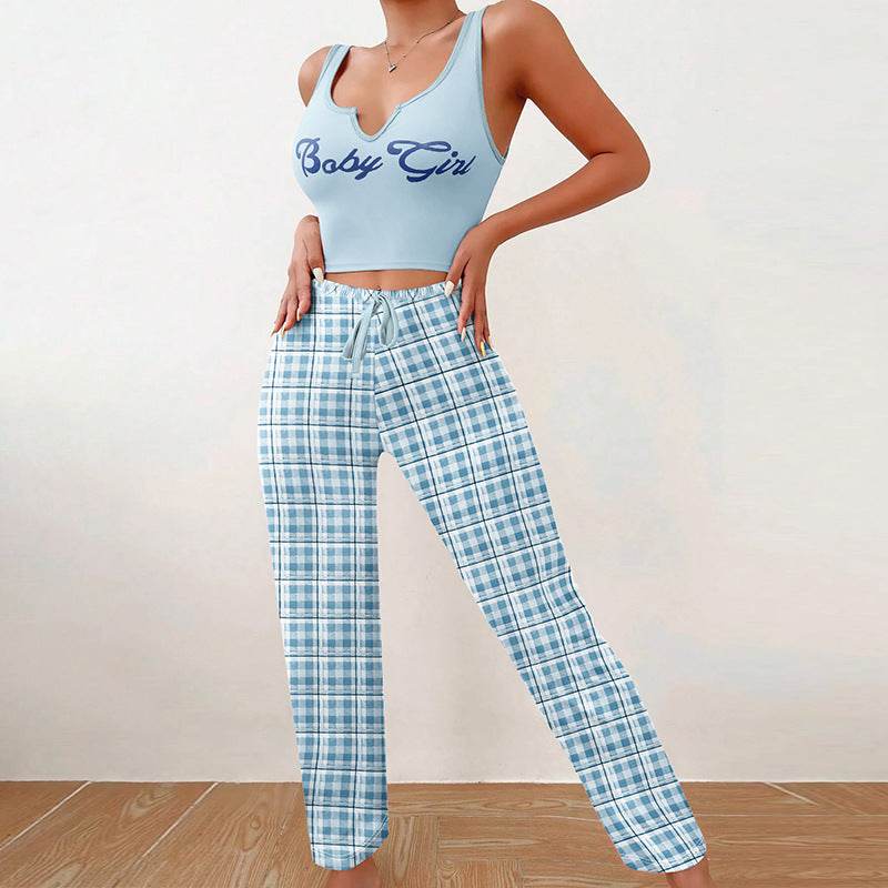 Spring Summer Women's Casual Pajamas Home Wear Vest Color Matching Plaid Trousers Letter Print Top Ladies 2 Pcs Home Clothes Sleepwear - Velora