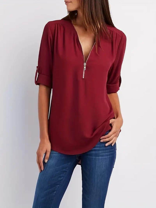 Simple V-neck Shirt, Casual Pleated Half-zip Shirt With Rolled-up Sleeves - Velora
