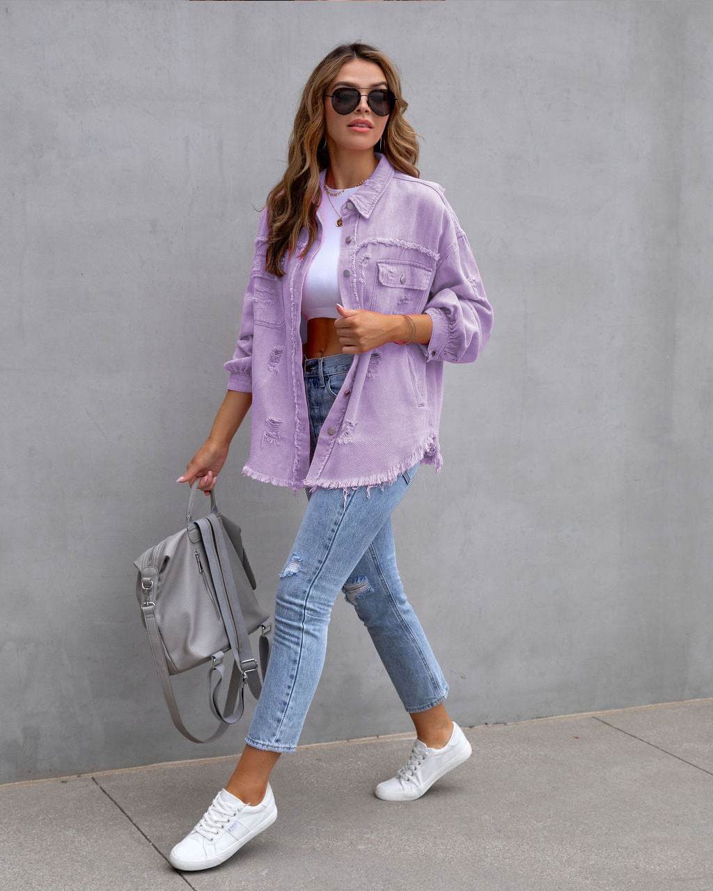 Fashion Ripped Shirt Jacket Female Autumn And Spring Casual Tops Womens Clothing - Velora