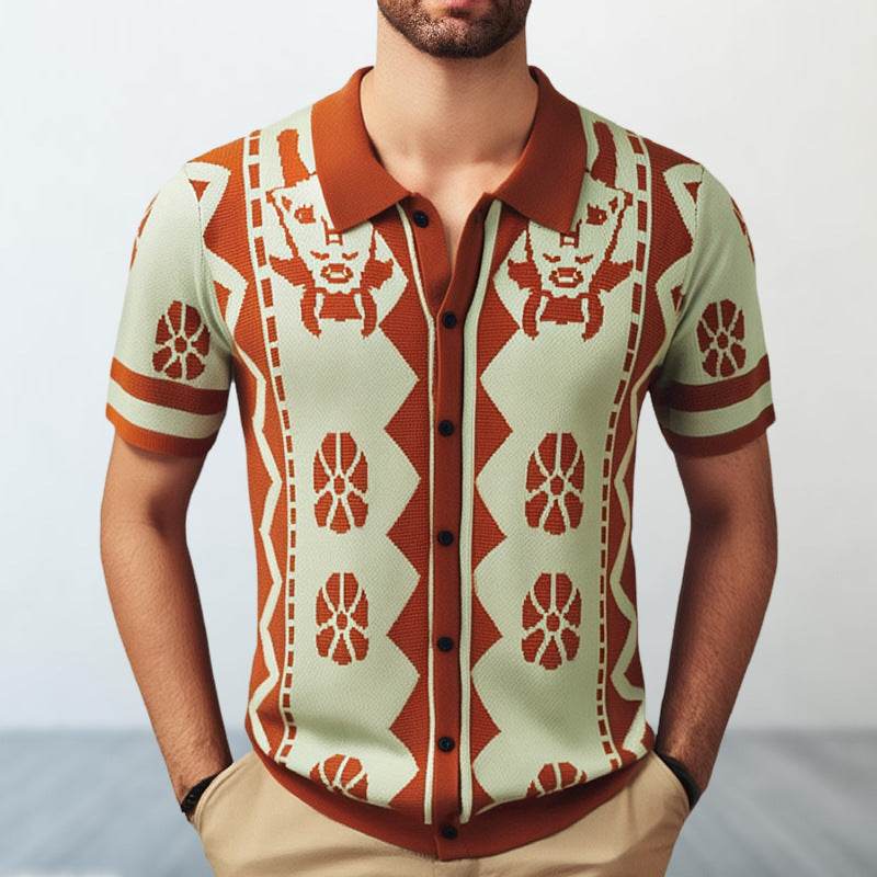Jacquard Men's Knitted Shirt Lapel Cardigan Short Sleeve Polo Shirt - Velora