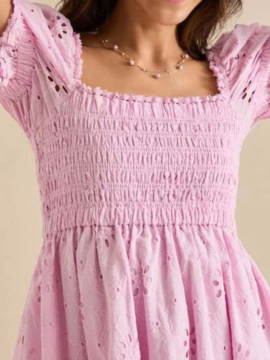 Eyelet Puff Sleeve Smocked Mini Dress - Velora
